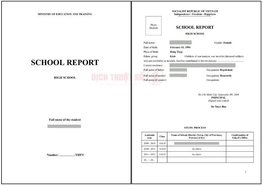Mẫu dịch thuật học bạ cấp 3 của chúng tôi