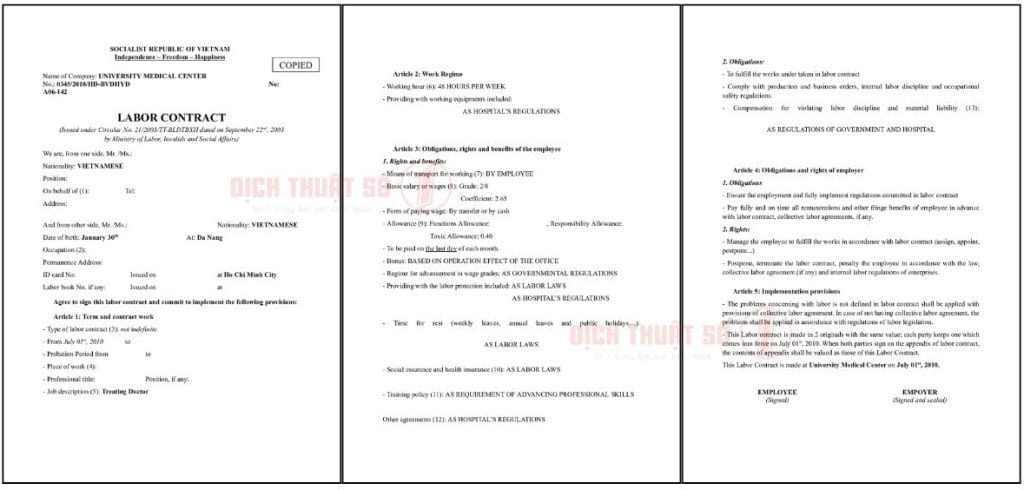 Mẫu dịch thuật hợp đồng tại Dịch Thuật Công Chứng Số 1